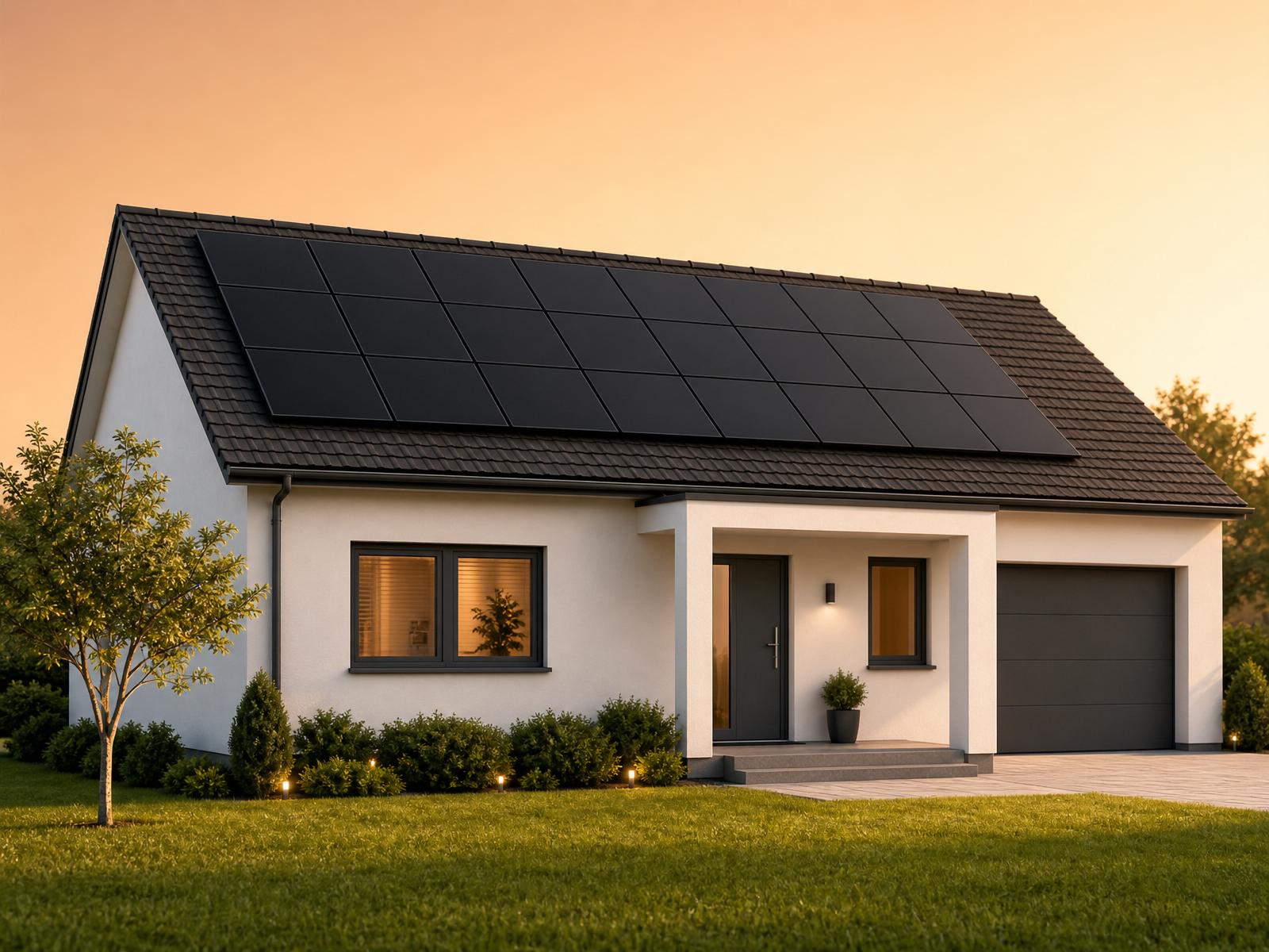 Einfamilienhaus mit vollflächig belegter schwarzer COPPEN Photovoltaikanlage auf dem Satteldach